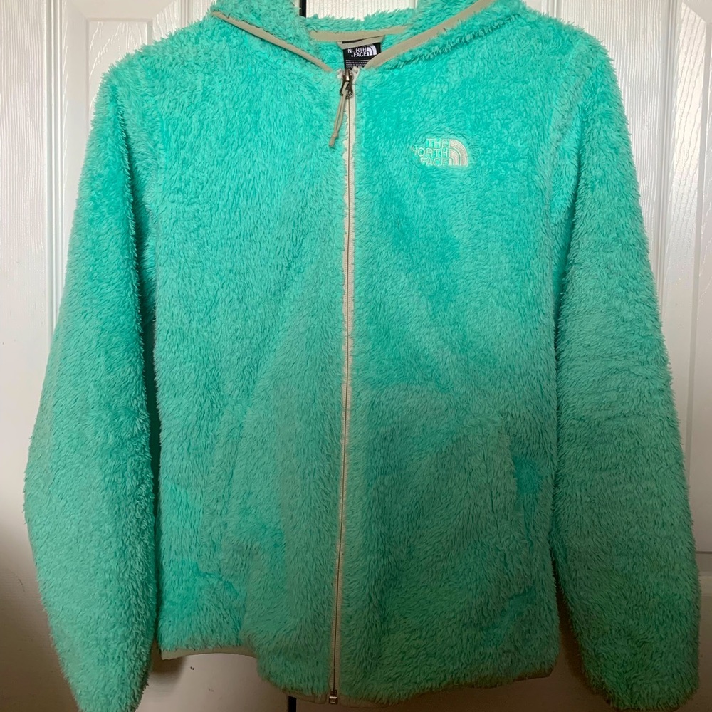 Mint green fuzzy North Face zip up jacket.